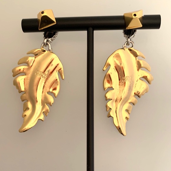 Alexis Bittar Gold Georgian Feather Swarovski Crystal Post Drop Hinged Earrings - Picture 10 of 15